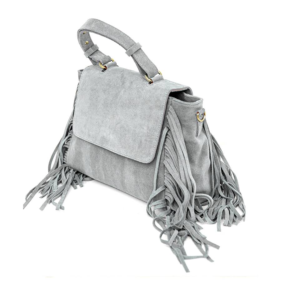 Laura Di Maggio EMMA – borsa grigia in camoscio con frange Moda