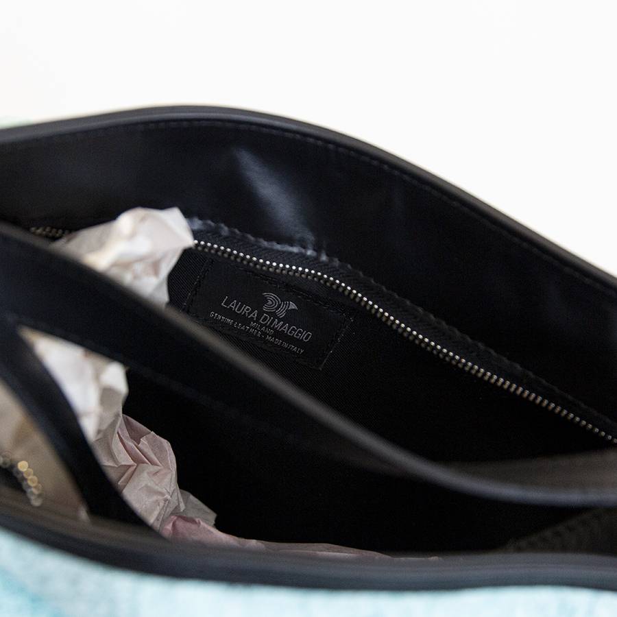 Laura Di Maggio VENICE – Zaino/borsa in pelle e tessuto azzurro In Linea