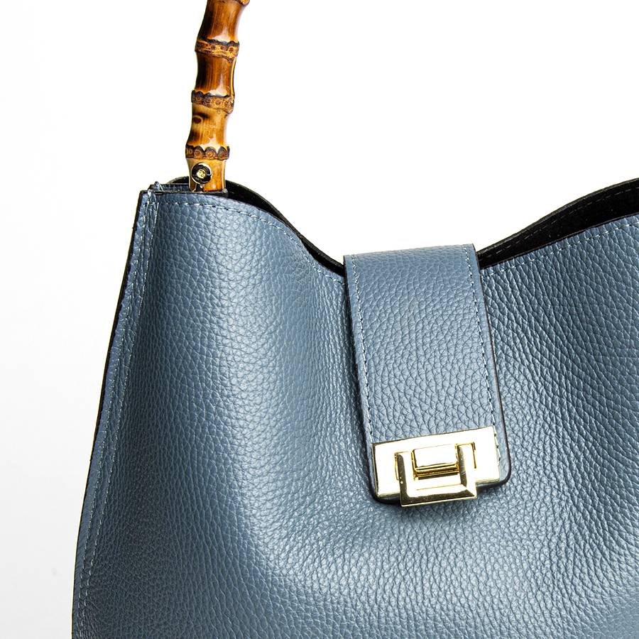Laura Di Maggio SOHO – secchiello in pelle avio con manici in bamboo Sottocosto