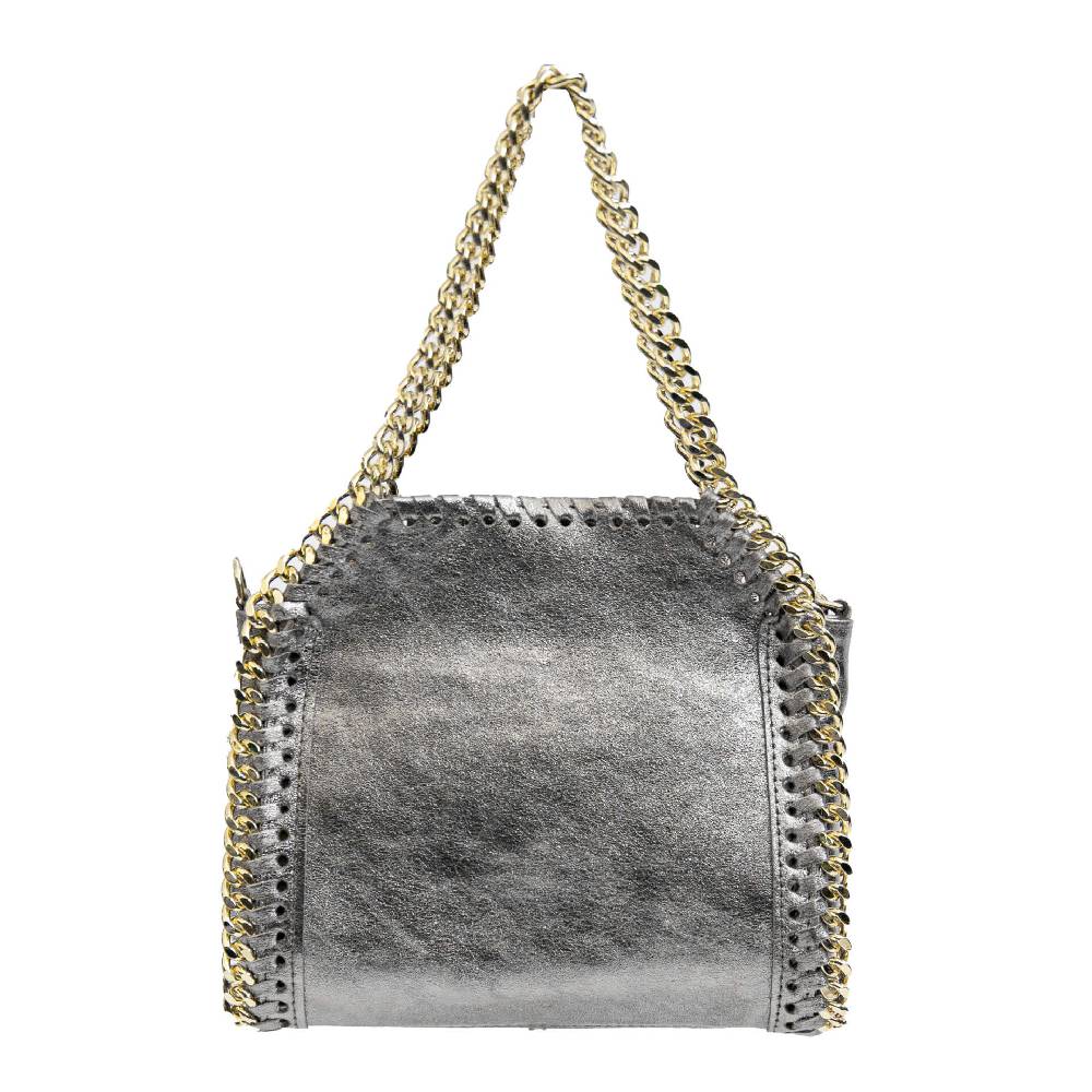 Laura Di Maggio LUMI – Borsa con catene in pelle laminata argento In vendita