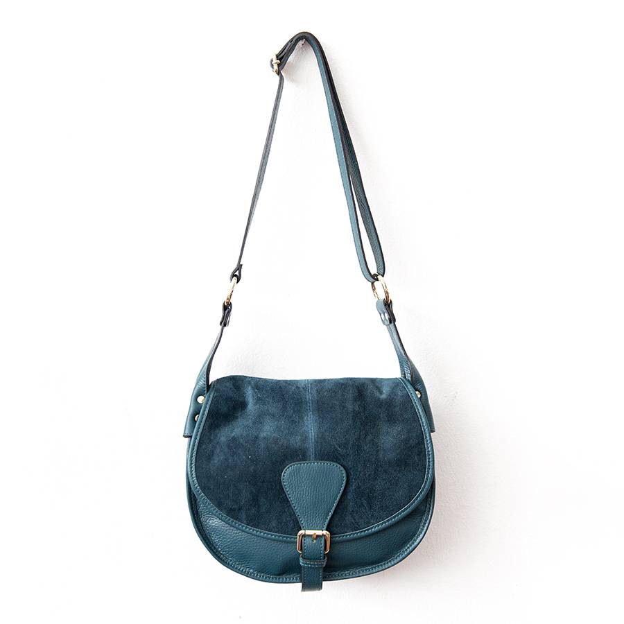 Laura Di Maggio SADDLE – postina in pelle e camoscio petrolio Nuovo