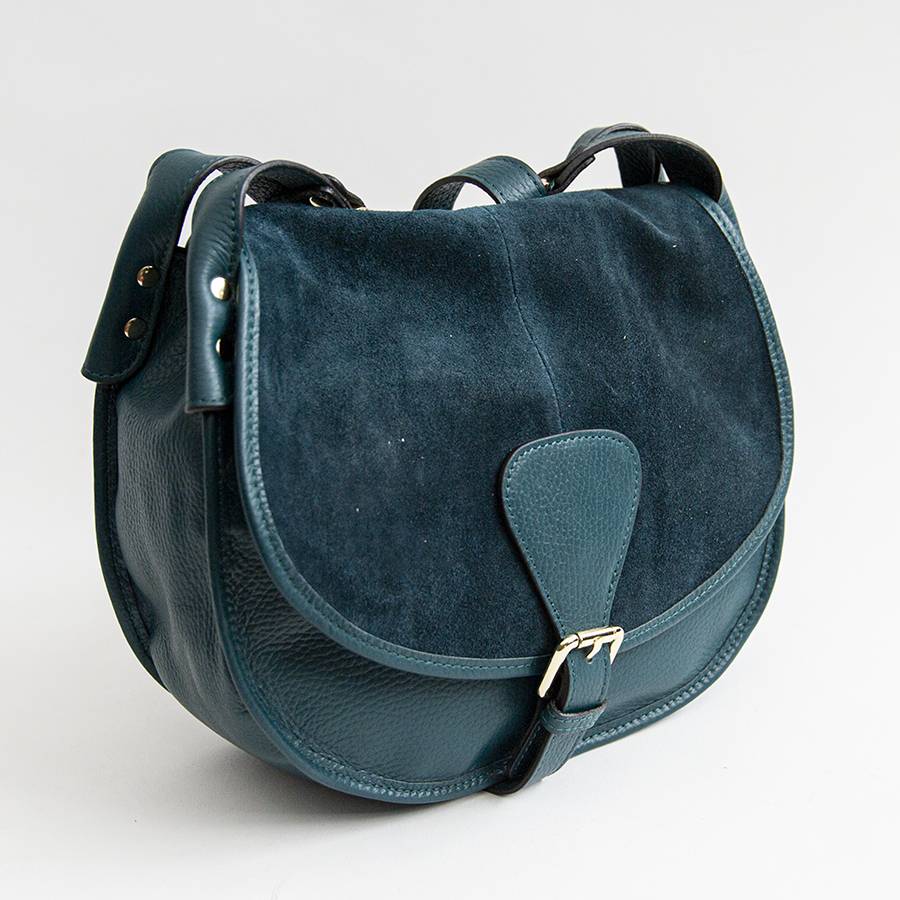 Laura Di Maggio SADDLE – postina in pelle e camoscio petrolio Nuovo
