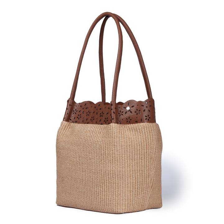 Roberta Gandolfi Diletta Shopping - Tote in rafia con balza in pelle laserata con tracolla staccabile Moda