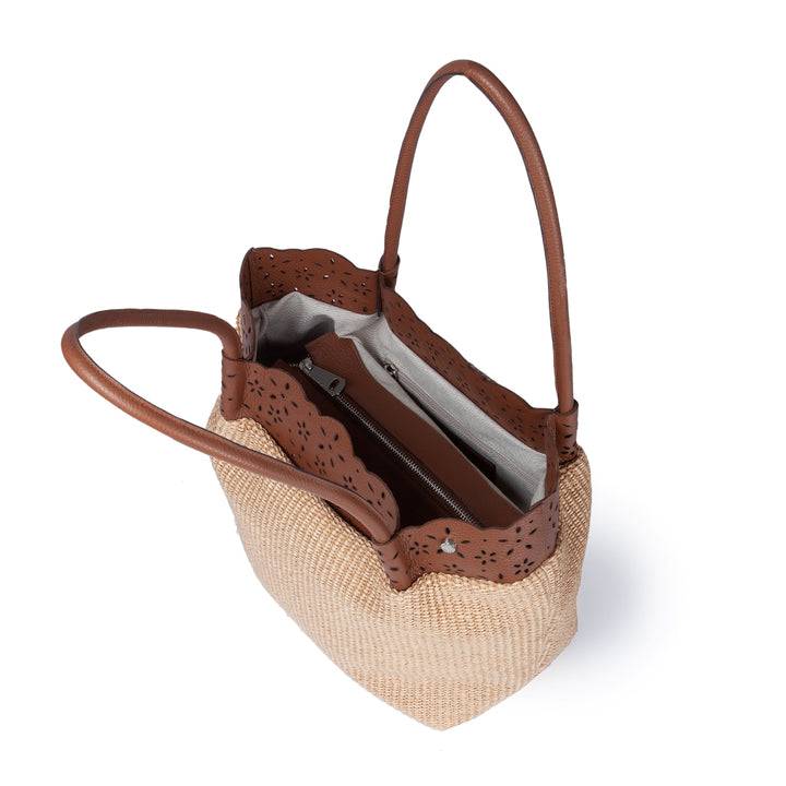 Roberta Gandolfi Diletta Shopping - Tote in rafia con balza in pelle laserata con tracolla staccabile Moda