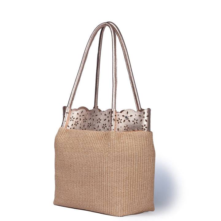Roberta Gandolfi Diletta Shopping - Tote in rafia con balza in pelle laserata con tracolla staccabile 2025