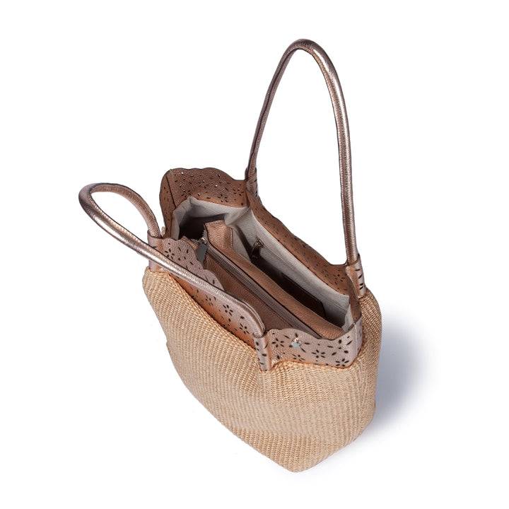 Roberta Gandolfi Diletta Shopping - Tote in rafia con balza in pelle laserata con tracolla staccabile 2025