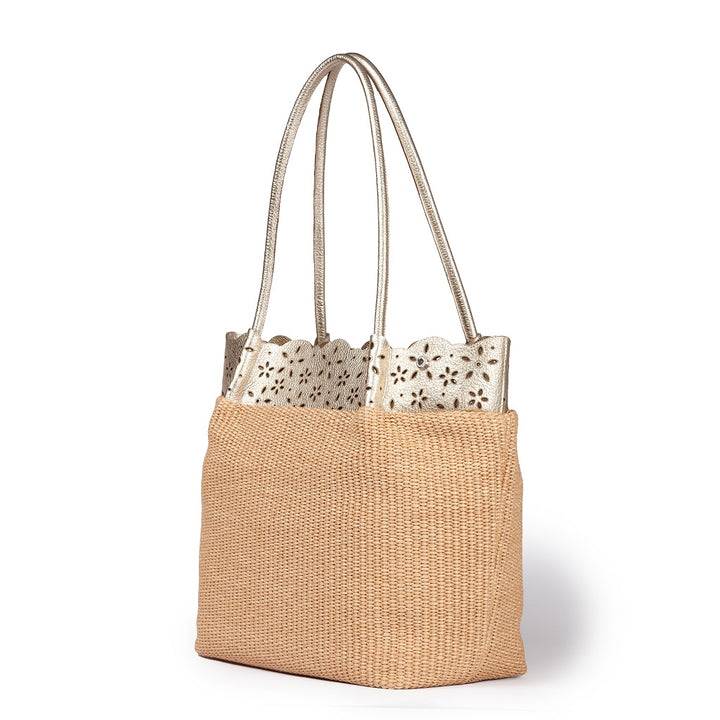 Roberta Gandolfi Diletta Shopping - Tote in rafia con balza in pelle laserata con tracolla staccabile Vendita