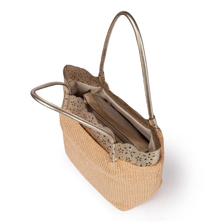 Roberta Gandolfi Diletta Shopping - Tote in rafia con balza in pelle laserata con tracolla staccabile Vendita