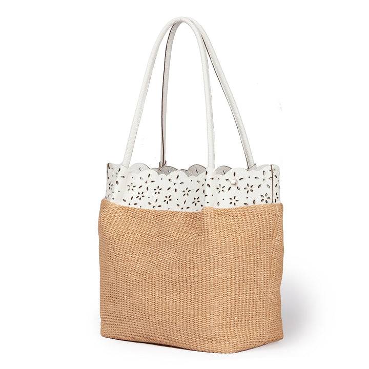 Roberta Gandolfi Diletta Shopping - Tote in rafia con balza in pelle laserata con tracolla staccabile Acquista Ora
