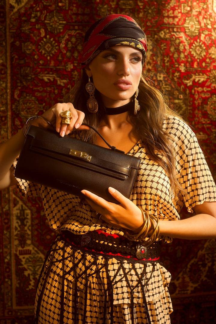 Roberta Gandolfi Jade cluch borsa in pelle con chiusura manico retrattile e tracolla staccabile e regolabile Nuova