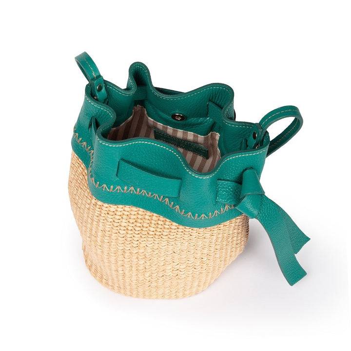 Roberta Gandolfi Ambra mini bucket in rafia e pelle martellata Nuovo