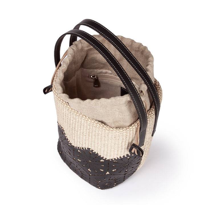 Roberta Gandolfi Giulia Bucket in rafia e pelle il pannello tagliato al laser è interamente cucito a mano con tracolla staccabile Consegna Veloce