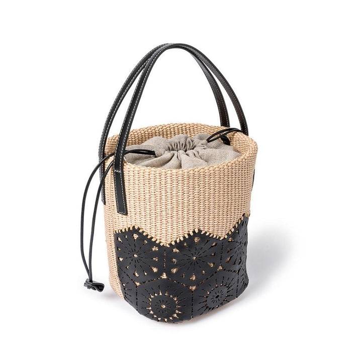 Roberta Gandolfi Giulia Bucket in rafia e pelle il pannello tagliato al laser è interamente cucito a mano con tracolla staccabile Economico