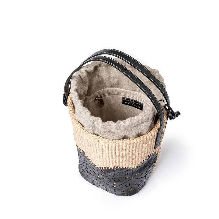 Roberta Gandolfi Giulia Bucket in rafia e pelle il pannello tagliato al laser è interamente cucito a mano con tracolla staccabile Economico