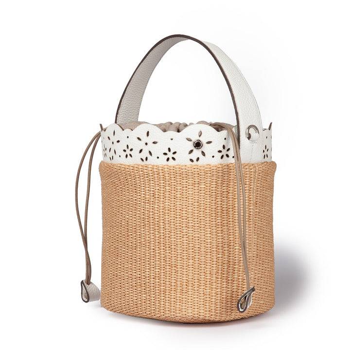 Roberta Gandolfi Diletta Bucket in rafia con balza in pelle laserata con tracolla staccabile Outlet