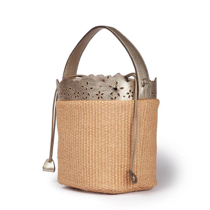 Roberta Gandolfi Diletta Bucket in rafia con balza in pelle laserata con tracolla staccabile Saldi