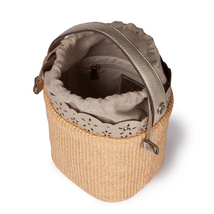 Roberta Gandolfi Diletta Bucket in rafia con balza in pelle laserata con tracolla staccabile Saldi