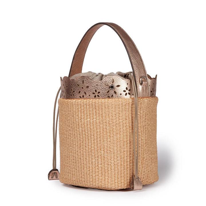 Roberta Gandolfi Diletta Bucket in rafia con balza in pelle laserata con tracolla staccabile Offerte