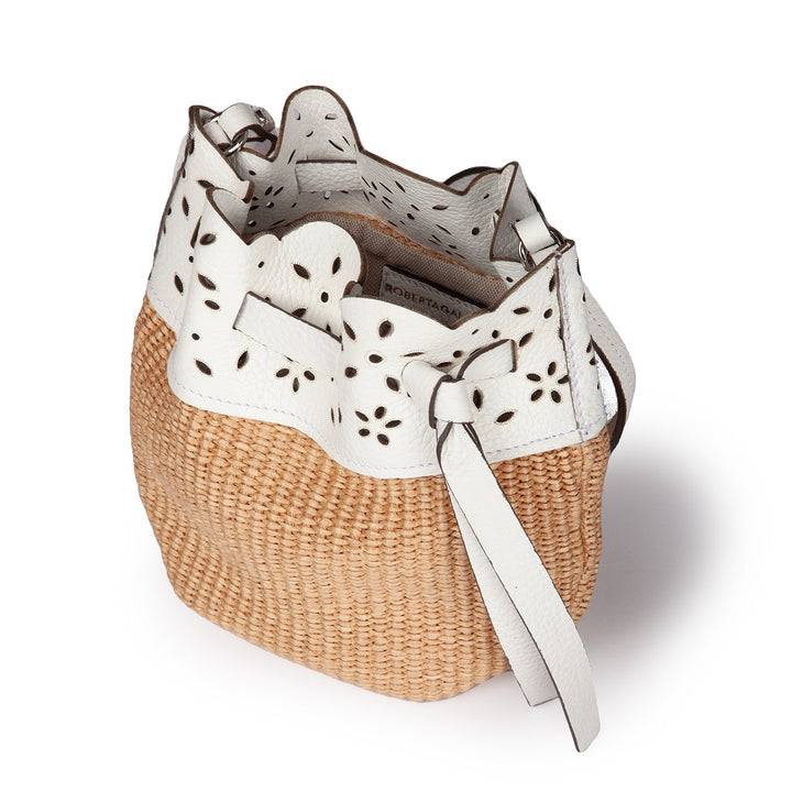Roberta Gandolfi Diletta Mini Bucket in rafia con balza in pelle laserata con tracolla staccabile Hotsell