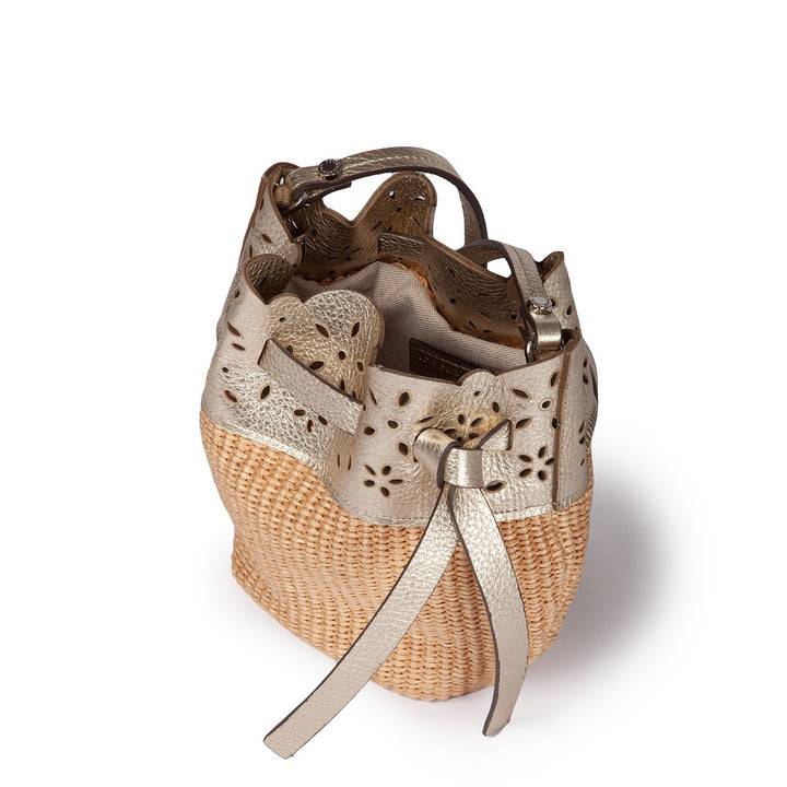 Roberta Gandolfi Diletta Mini Bucket in rafia con balza in pelle laserata con tracolla staccabile Vendita Calda