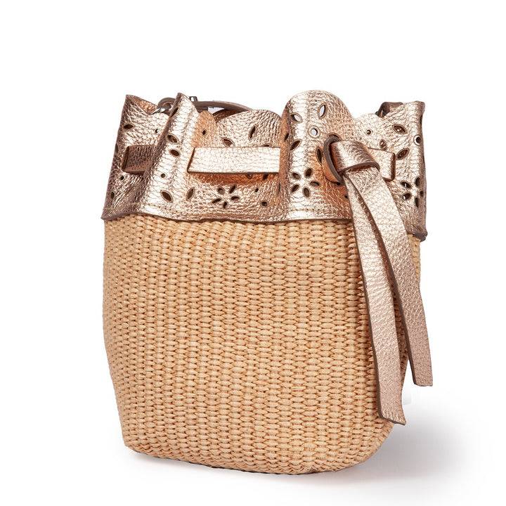 Roberta Gandolfi Diletta Mini Bucket in rafia con balza in pelle laserata con tracolla staccabile Vendita Economica