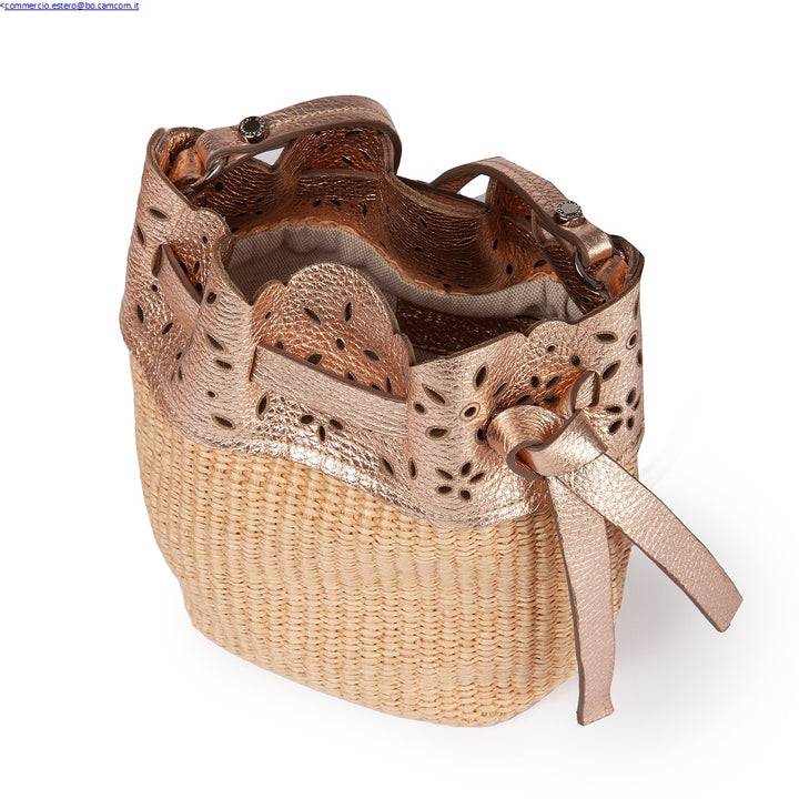 Roberta Gandolfi Diletta Mini Bucket in rafia con balza in pelle laserata con tracolla staccabile Vendita Economica