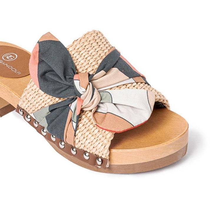 Roberta Gandolfi Lola Sixty sandali in legno con rafia e pelle di vitello con fiocco stampa sixty Online