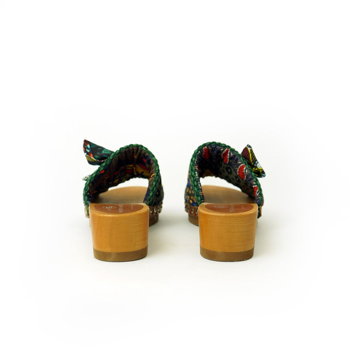 Roberta Gandolfi Lola Sabot sandali in legno con rafia e pelle di vitello con fiocco stampa african Outlet