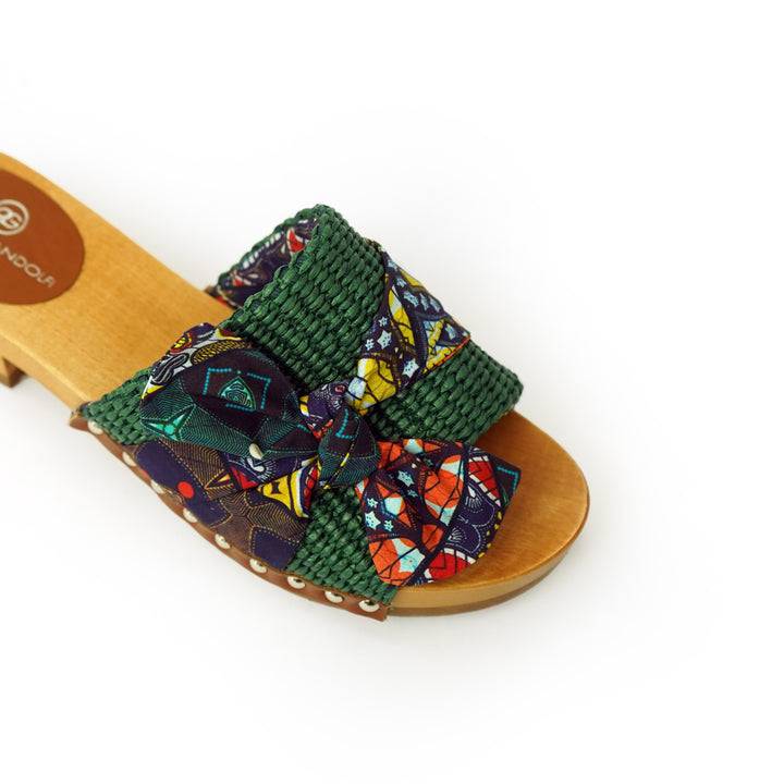 Roberta Gandolfi Lola Sabot sandali in legno con rafia e pelle di vitello con fiocco stampa african Outlet