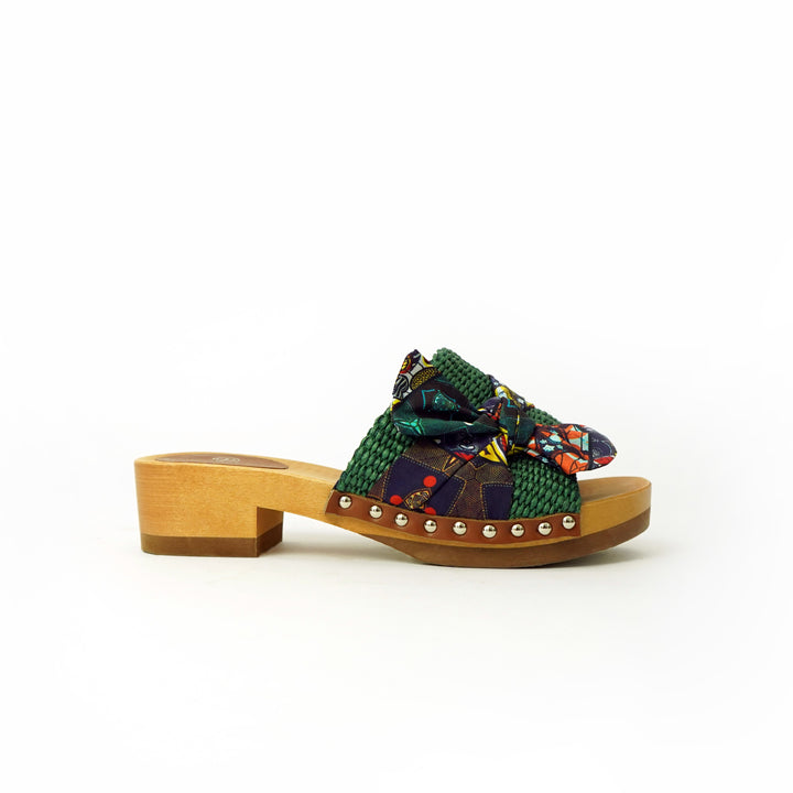 Roberta Gandolfi Lola Sabot sandali in legno con rafia e pelle di vitello con fiocco stampa african Outlet