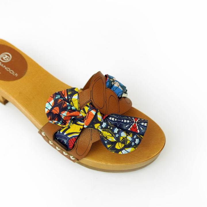 Roberta Gandolfi Lola Chain sandali in legno e pelle di vitello con fiocco stampa african Saldi