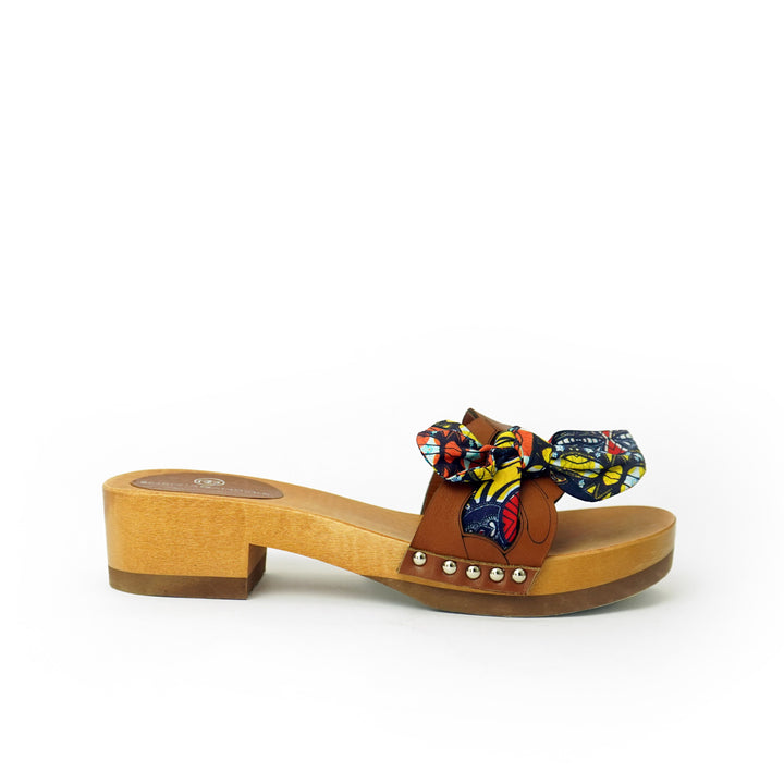 Roberta Gandolfi Lola Chain sandali in legno e pelle di vitello con fiocco stampa african Saldi