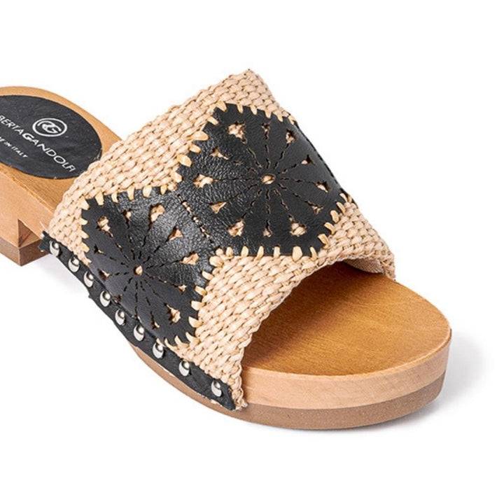 Roberta Gandolfi Sandalo Giulia platform in legno e tomaia in rafia e pelle di vitello laserata con disegno pizzo geometrico Offerte