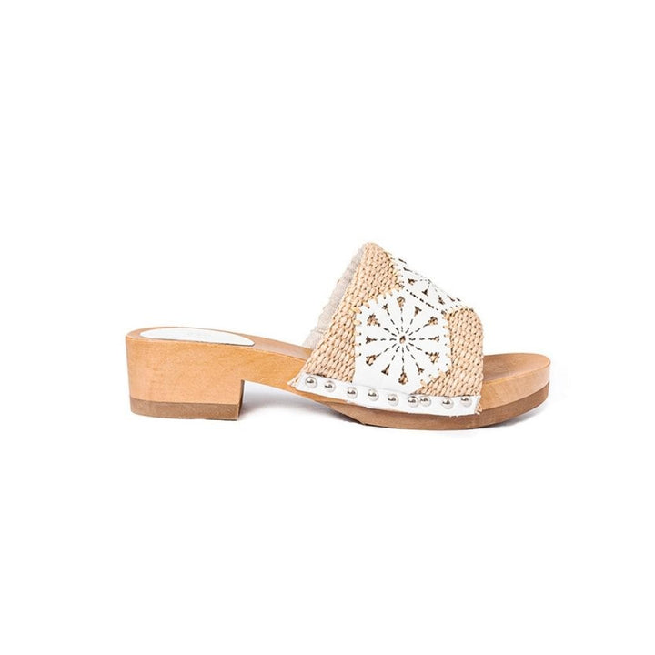 Roberta Gandolfi Sandalo Giulia platform in legno e tomaia in rafia e pelle di vitello laserata con disegno pizzo geometrico Hotsell