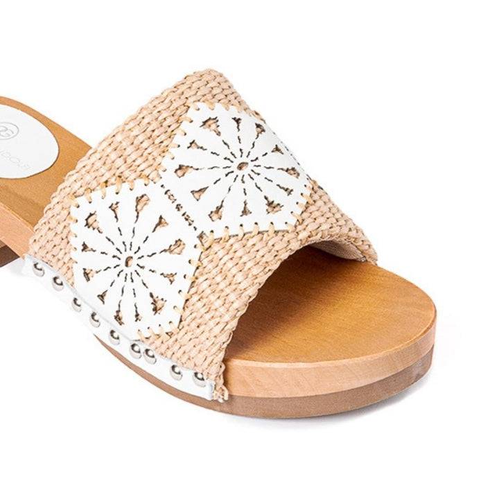 Roberta Gandolfi Sandalo Giulia platform in legno e tomaia in rafia e pelle di vitello laserata con disegno pizzo geometrico Hotsell