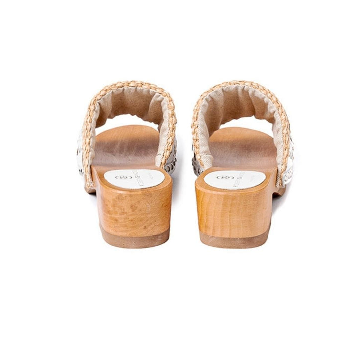 Roberta Gandolfi Sandalo Giulia platform in legno e tomaia in rafia e pelle di vitello laserata con disegno pizzo geometrico Hotsell