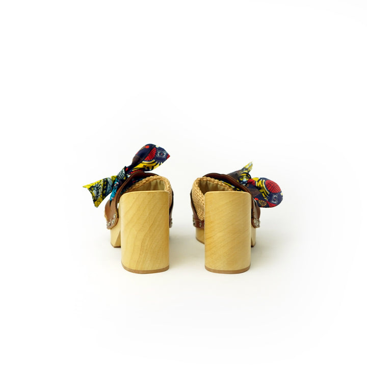 Roberta Gandolfi Diva Chain sandali in legno incrociato con platform in rafia e fiocco stamap african Vendita Economica