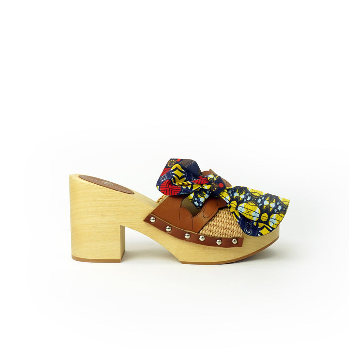 Roberta Gandolfi Diva Chain sandali in legno incrociato con platform in rafia e fiocco stamap african Vendita Economica