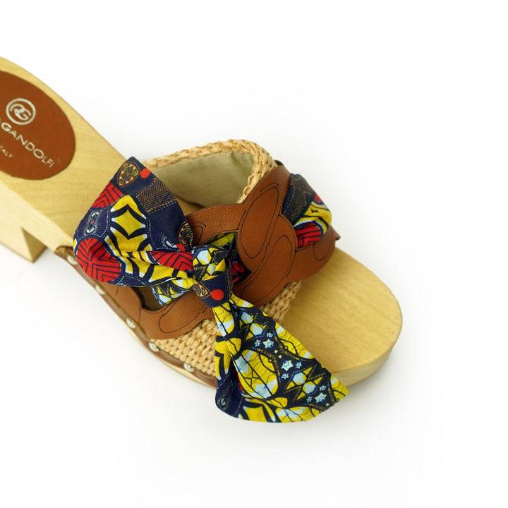 Roberta Gandolfi Diva Chain sandali in legno incrociato con platform in rafia e fiocco stamap african Vendita Economica
