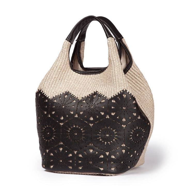 Roberta Gandolfi Giulia Handbag in rafia e pelle il pannello tagliato al laser è interamente cucito a mano con tracolla staccabile In Saldo
