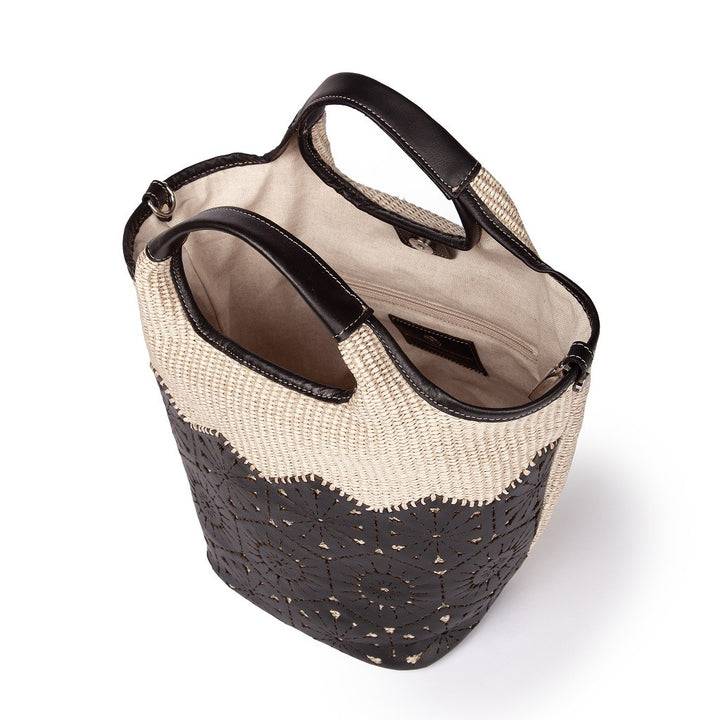 Roberta Gandolfi Giulia Handbag in rafia e pelle il pannello tagliato al laser è interamente cucito a mano con tracolla staccabile In Saldo