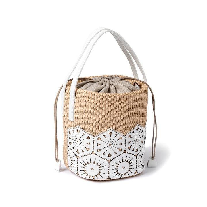 Roberta Gandolfi Giulia Bucket in rafia e pelle il pannello tagliato al laser è interamente cucito a mano con tracolla staccabile Nuova