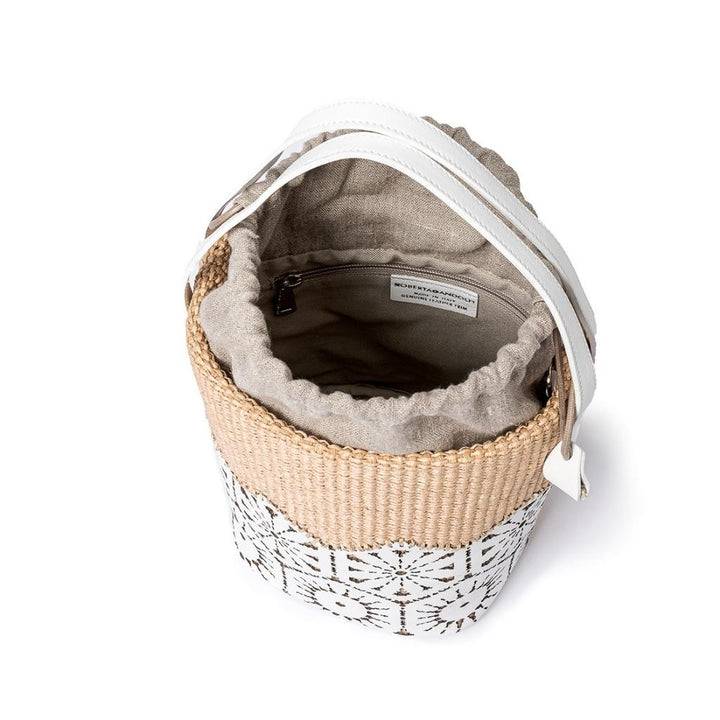 Roberta Gandolfi Giulia Bucket in rafia e pelle il pannello tagliato al laser è interamente cucito a mano con tracolla staccabile Nuova