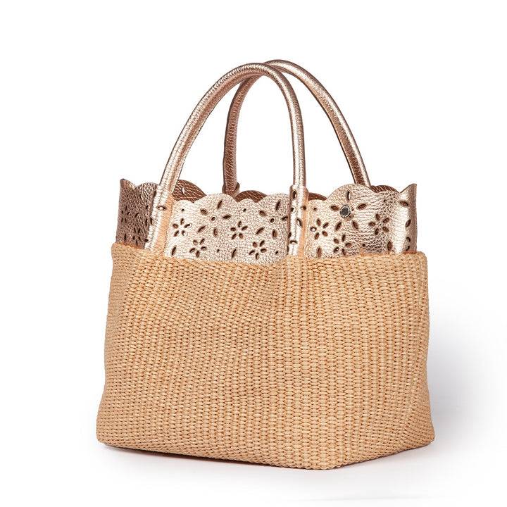 Roberta Gandolfi Diletta Handbag in rafia con balza in pelle laserata con tracolla staccabile Shopping Online
