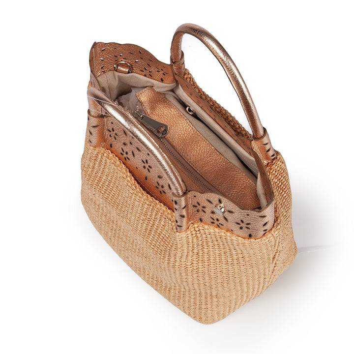 Roberta Gandolfi Diletta Handbag in rafia con balza in pelle laserata con tracolla staccabile Shopping Online