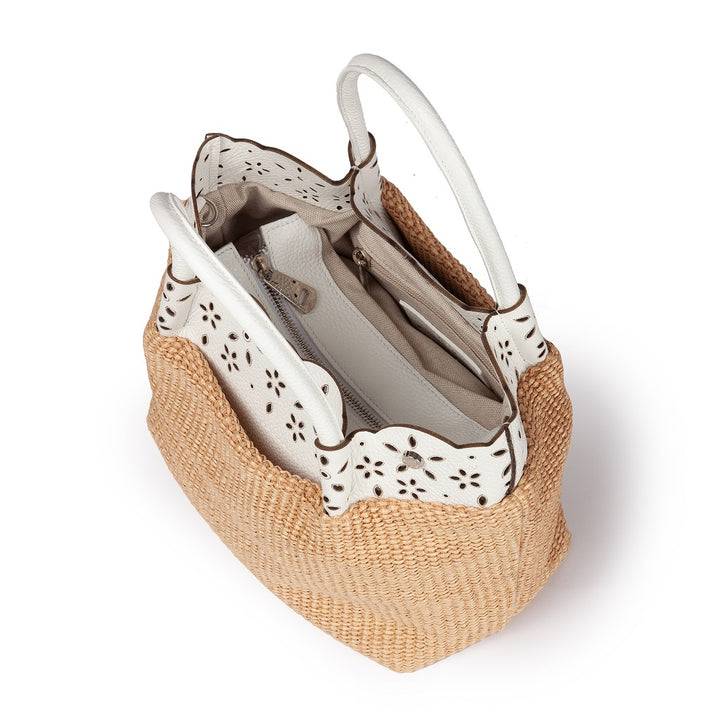 Roberta Gandolfi Diletta Handbag in rafia con balza in pelle laserata con tracolla staccabile Affare Del Giorno