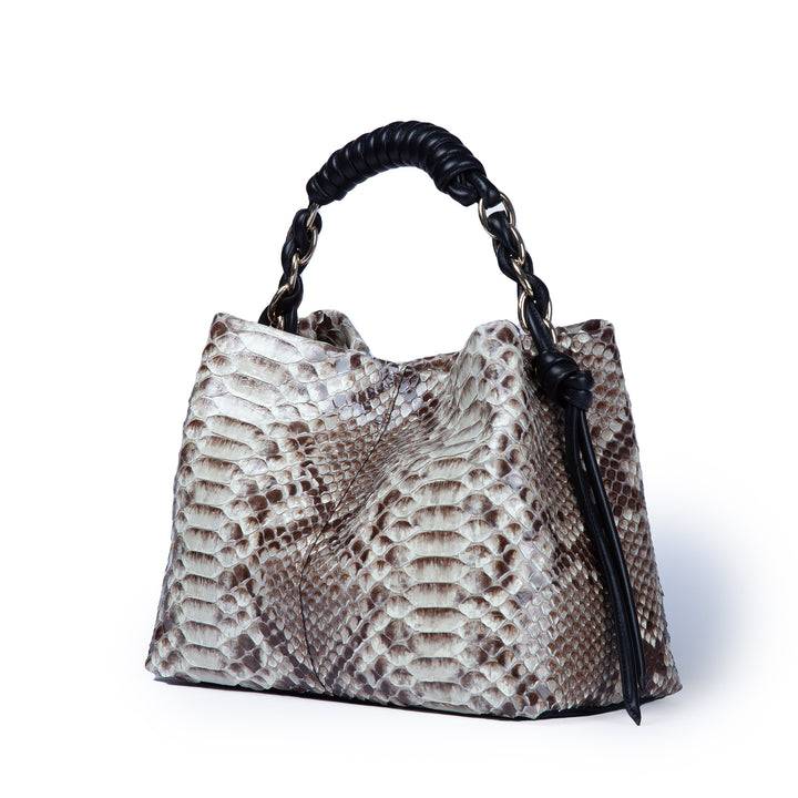 Roberta Gandolfi Amina Pitone small borsa a mano in pitone con finiture in pelle manico tubolare fasciato e tracolla staccabile Italia