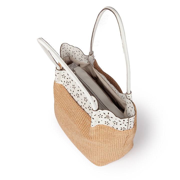 Roberta Gandolfi Diletta Shopping - Tote in rafia con balza in pelle laserata con tracolla staccabile Promozione