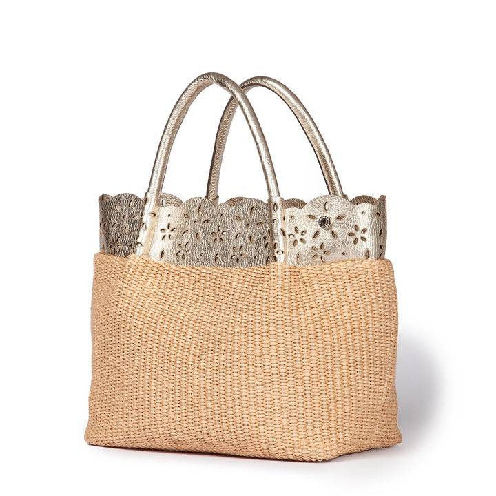 Roberta Gandolfi Diletta Handbag in rafia con balza in pelle laserata con tracolla staccabile Pezzi Unici