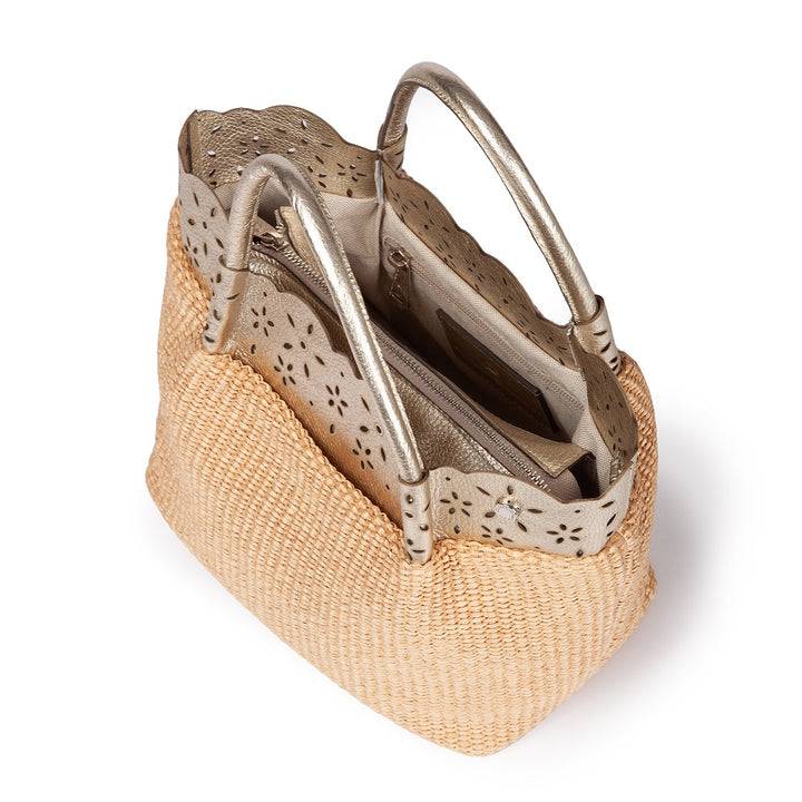 Roberta Gandolfi Diletta Handbag in rafia con balza in pelle laserata con tracolla staccabile Pezzi Unici